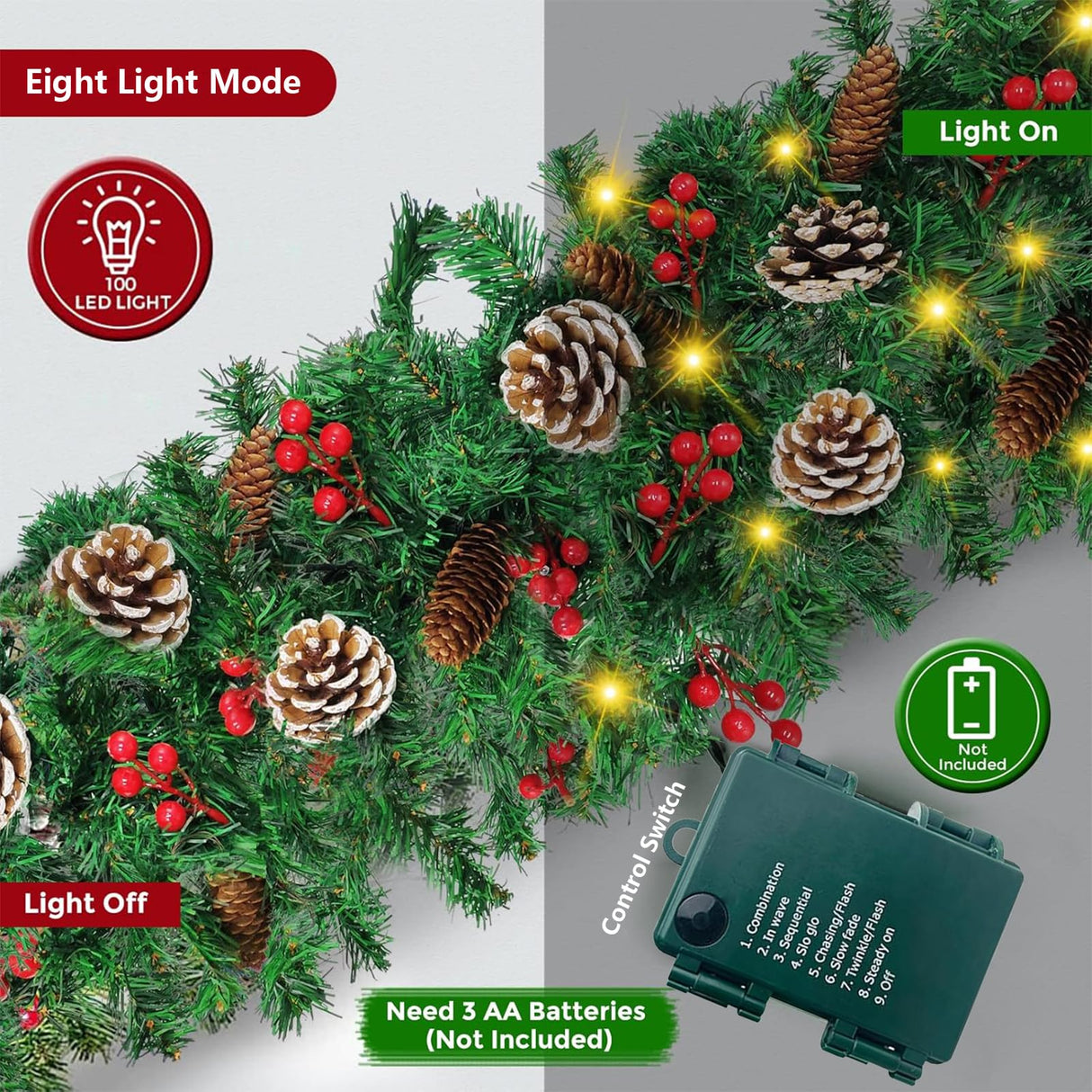 Mduvoz Christmas Garland, 12FT Prelit Christmas Garland with 100 LED Lights, Greenery Xmas Garland with 20 Pine Cones 90 Red Berry Christmas Decoration for Indoor Outdoor Home Mantel Fireplace Mduvoz