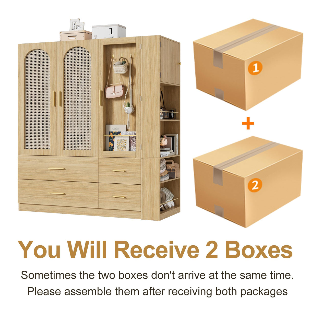 PAKASEPT 3 Doors Farmhouse Armoire Wardrobe Closet with Rattan,71'' Tall Freestanding Wooden Wardrobe Storage Cabinet for Bedroom with Hanging Rod,Vanity Mirror,Drawers,Clothes Hook,Shelves,Natural PAKASEPT