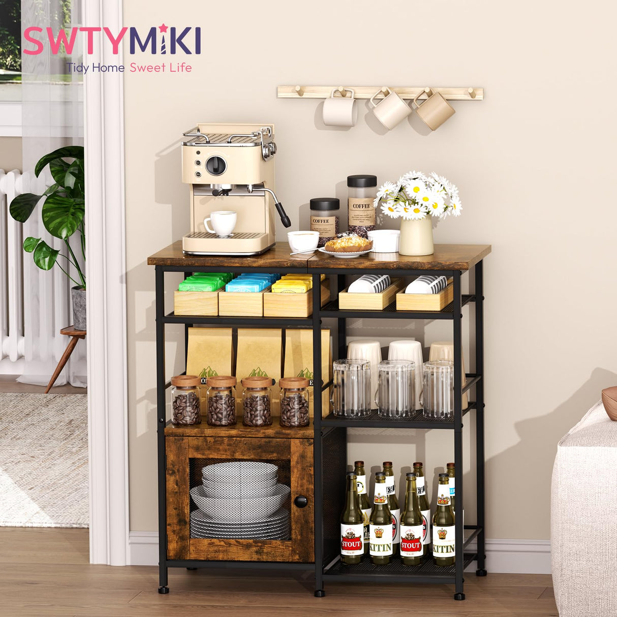 SWTYMIKI Coffee Bar Cabinet Station - Farmhouse Small Coffee Stand Station with Doors, Rustic Storage Organizer for Kitchen, Buffet Sideboard Cabinet Table for Home, Office, Corner, Bar, Espresso SWTYMIKI