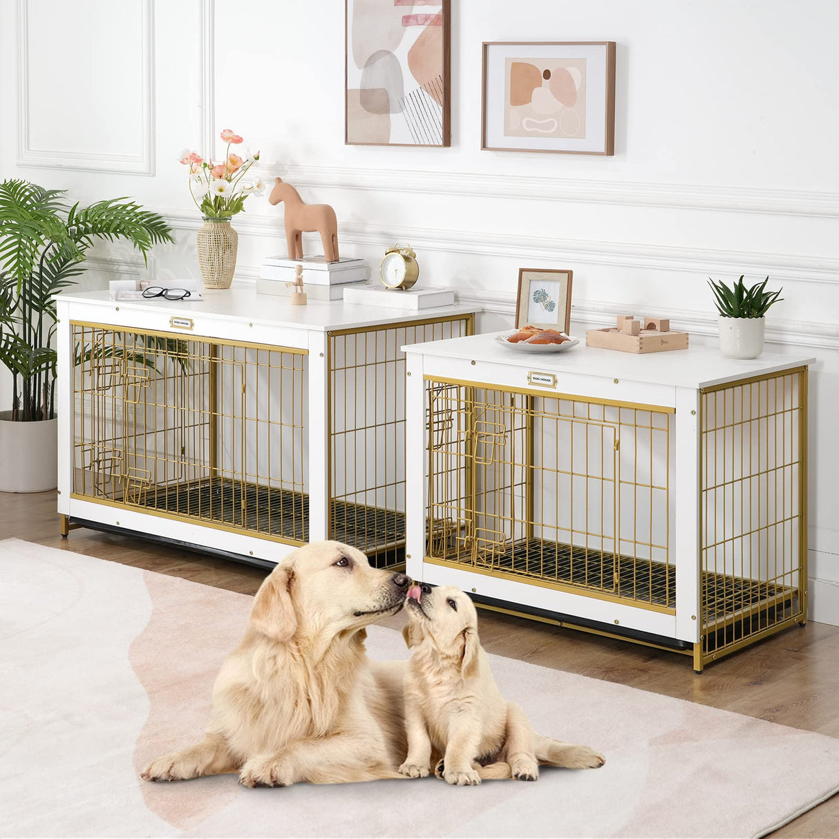 HOOBRO Dog Crate Furniture, 38.6" Large Dog Kennel Indoor, Wooden Dog Crate with Pull-Out Tray, Double Doors Dog House, Modern Side End Table for Small/Medium/Large Dog, White DW982GW03 HOOBRO