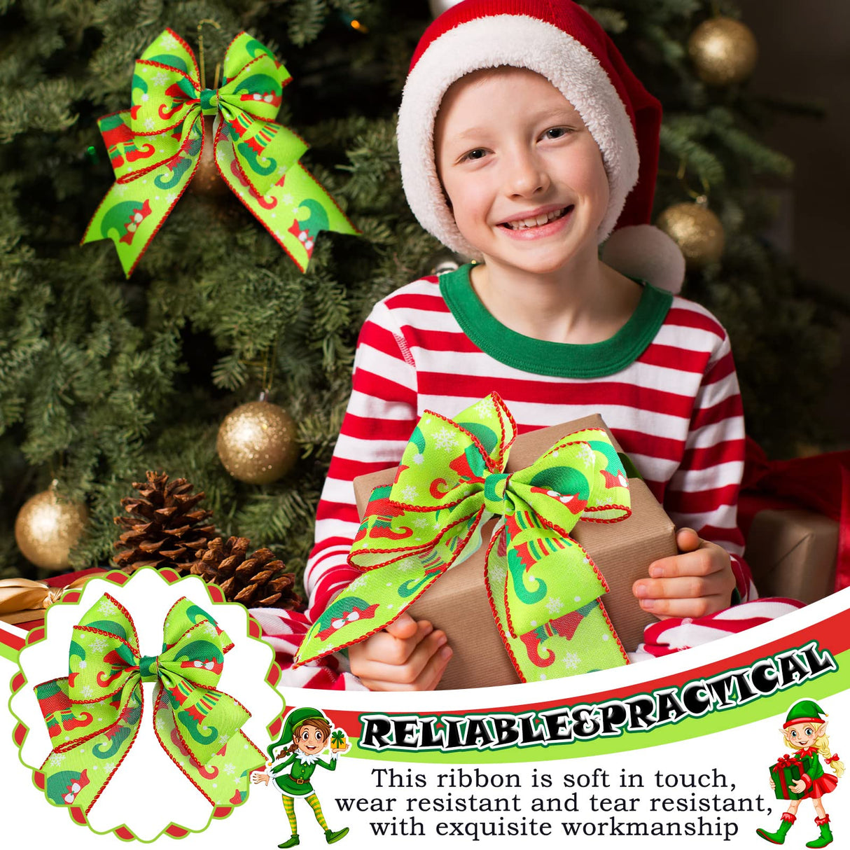 6 Rolls 30 Yards Christmas Wired Edge Ribbon Elf Hats and Legs Multi Dots Swirl Diagonal Stripe Ribbon Home Party Bows Decor for Xmas Tree Wreath Gift Wrapping DIY Crafts, 2.5 Inch (Stylish Style) Yinder