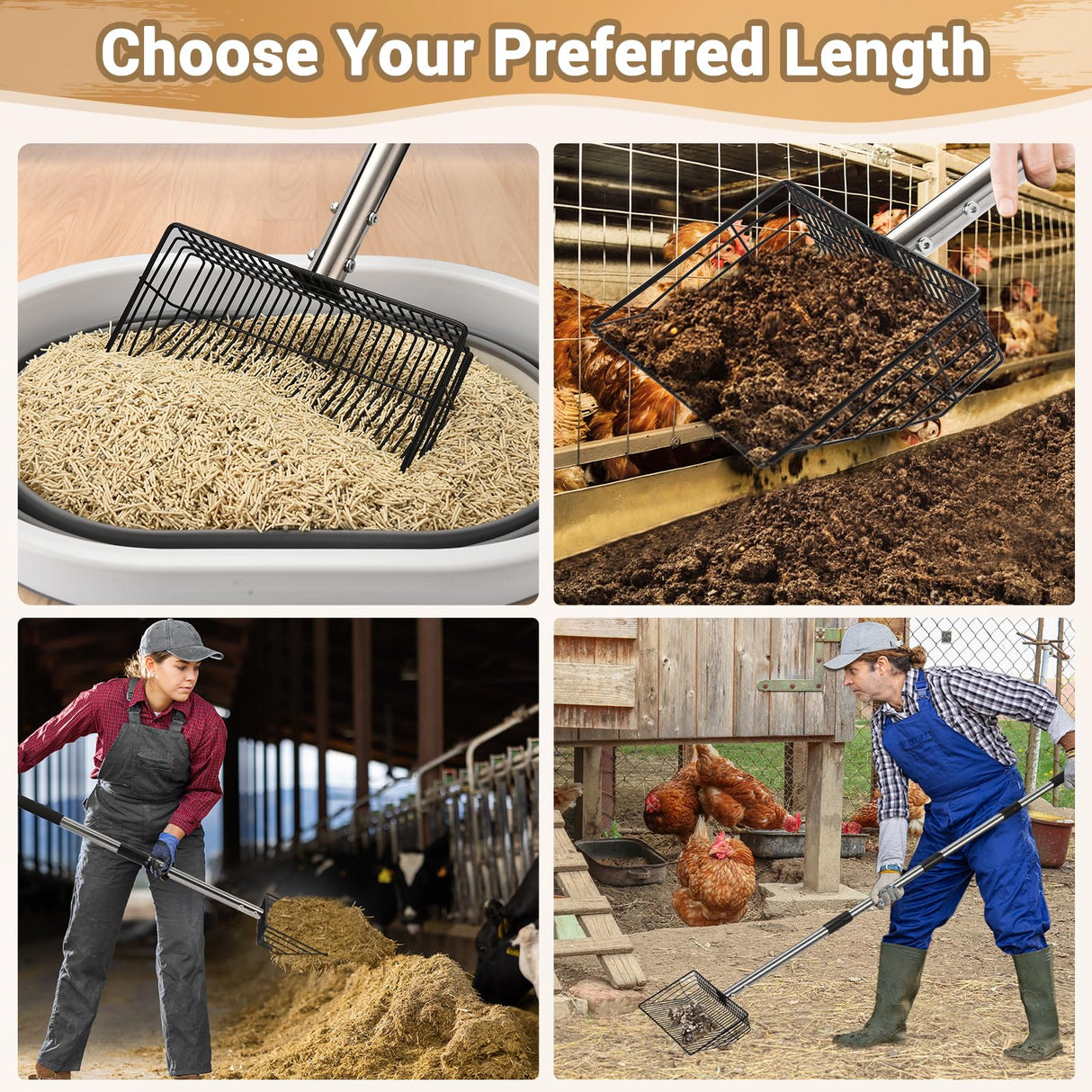 10inch Large Metal Chicken Poop Scooper, 24 to 68" Long Chicken Coop Litter Scoop with Stainless Steel Handle, 4 in 1 Multifunctional Heavy Duty Litter Sifting Shovel Chicken Coop Accessories CAROD