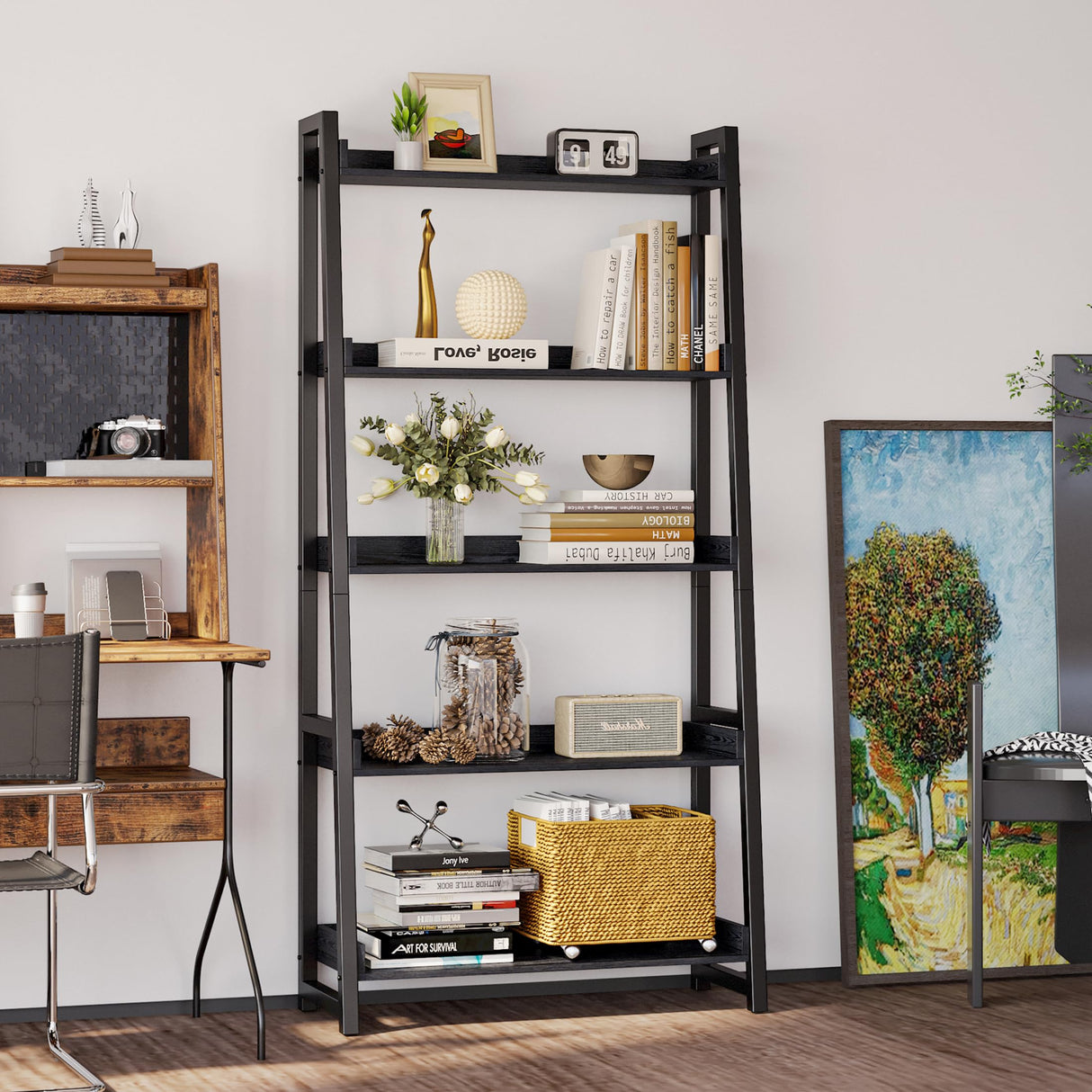 IRONCK Industrial Bookshelf 5-Tier 31.5 in Wide, Bookcase Ladder Shelf, Storage Shelves Rack Shelf Unit, Accent Furniture Metal Frame, Home Office Furniture for Bathroom, Living Room IRONCK