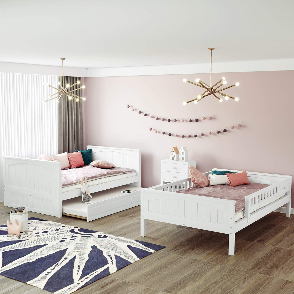 SOFTSEA Wooden Bunk Bed Full Over Full with Trundle for 3, Divided Into Two Separate Full Beds, White SOFTSEA