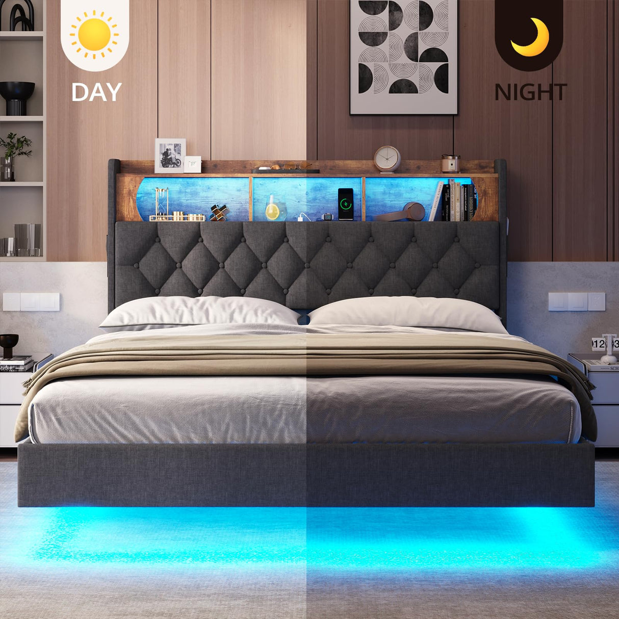 BTHFST Dark Grey Floating Bed Frame with LED Lights and Storage Headboard, Queen Size, No Box Spring Required BTHFST