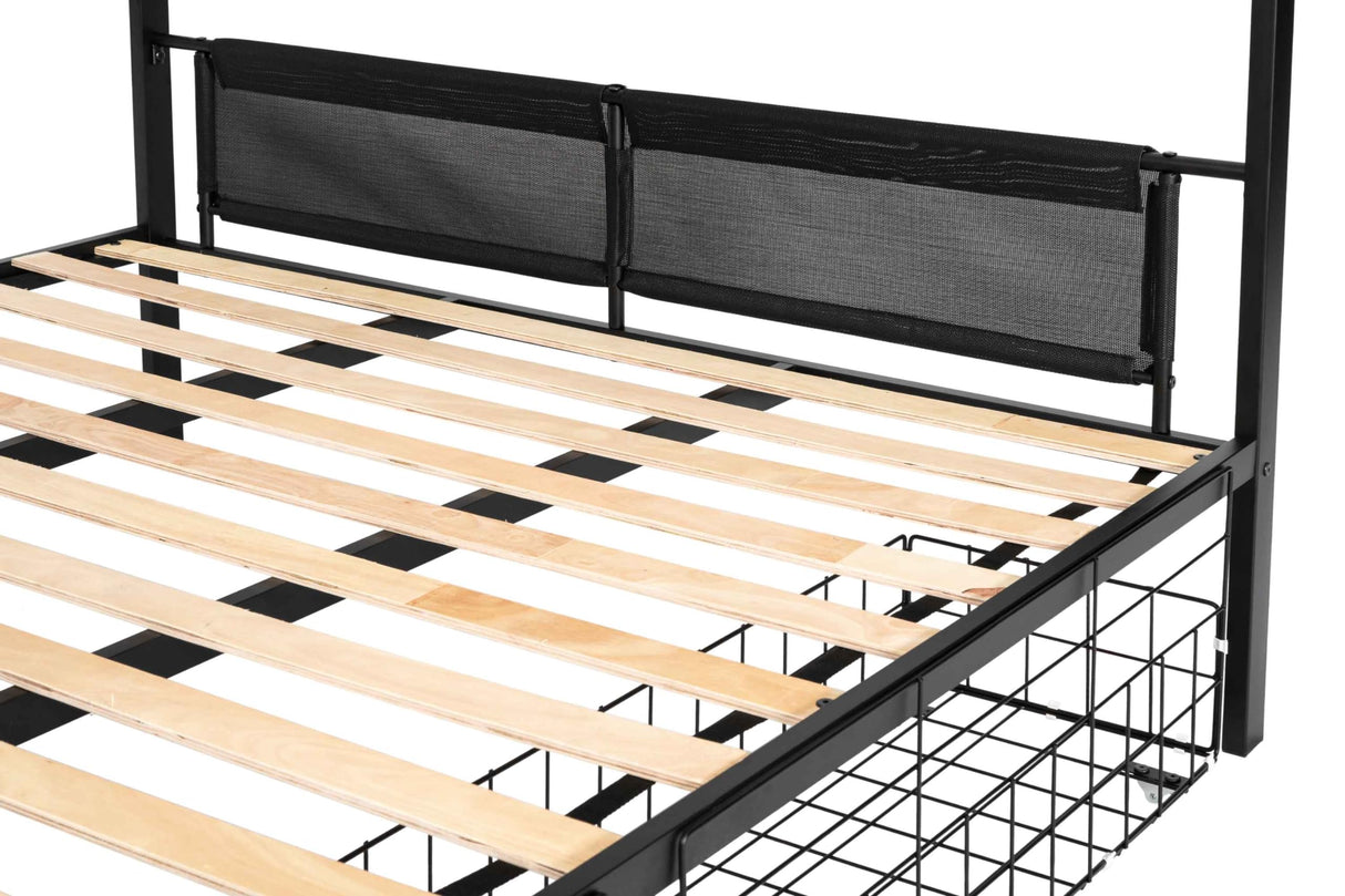 ATY Queen Over Queen Metal Bunk Bed with Two Storage Drawers, Sturdy Bedframe w/Wood Slat Support and Guardrails, Space Saving Design & No Box Spring Needed,Perfect for Dorm,Bedroom,Guest Room, Black ATY