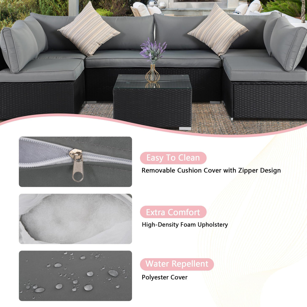 ZJEYEJZ 7-Piece Patio Furniture Set - Outdoor Sectional Sofa Set with Cushions and Glass-Top Coffee Table for Gardens, Poolside, Backyards and Porches, Black/Grey ZJEYEJZ