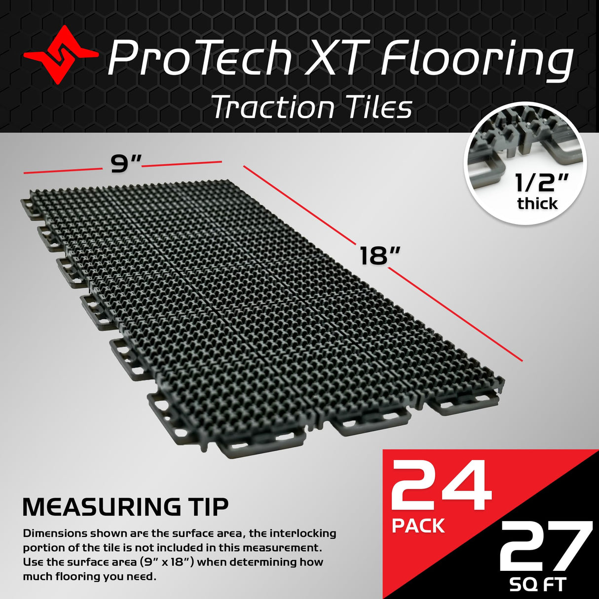 Caliber ProTech XT Garage Flooring and Trailer Deck Traction Tiles, 9” x 18” Interlocking Tiles, Red, 24-Pack Caliber