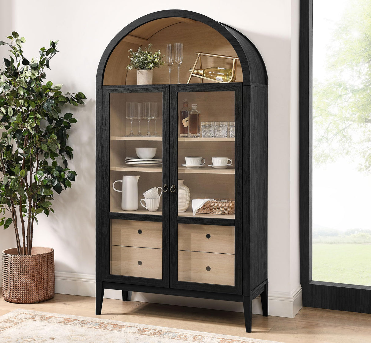 Modway Nolan Tall Arched Storage Display Cabinet in Black Oak - 74 Inch Arch Bookshelf with Glass Doors, Shelves and Drawers - Modern Accent Cabinet for Living Room, Dining Room Modway