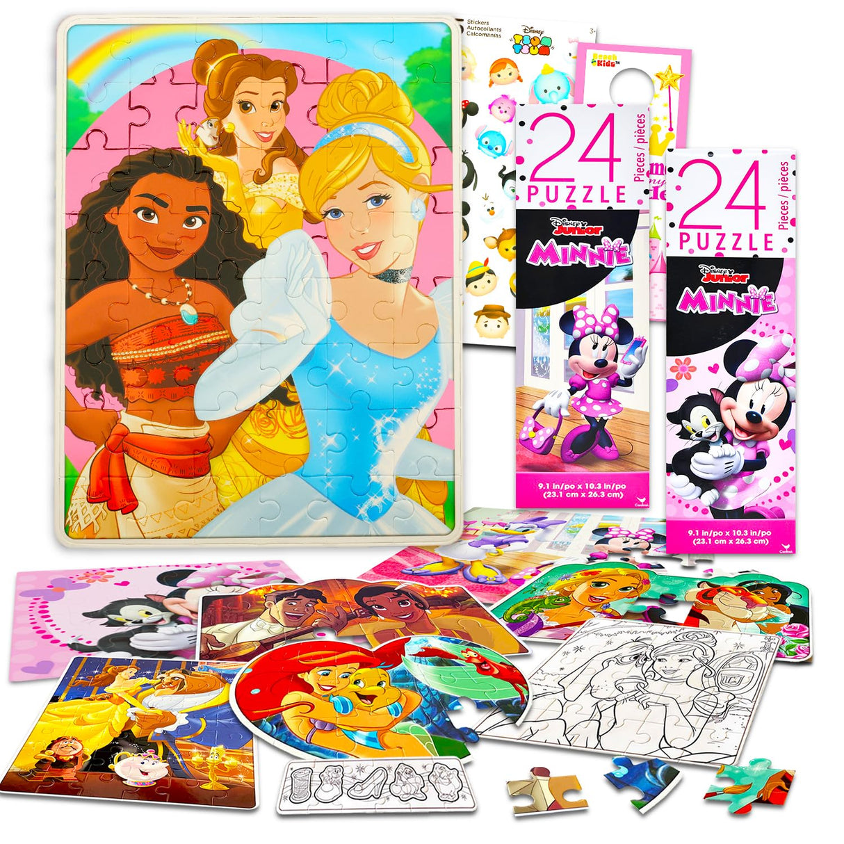 Disney Puzzle Activity Set for Girls - Bundle with 10 Jigsaw Puzzles for Girls Featuring Princesses, Minnie Mouse Plus Stickers | Disney Princess Puzzles for Kids 4-6 Disney