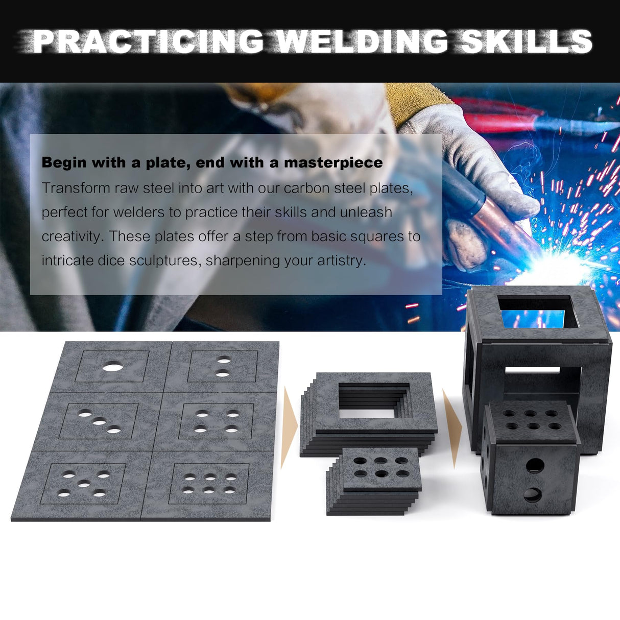 WelderElite 12-Piece Welding Coupons 1/8" Welding Practice Kit 11 Gauge Beginners Welding Mild Steel Sheet Can Be Used to Make 1 Dice and 1 Cube Frame WelderElite