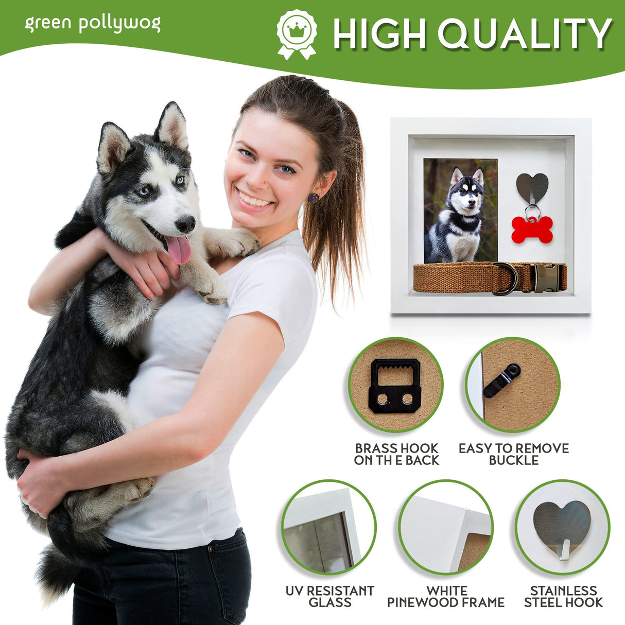 Green Pollywog Pet Memorial Shadowbox with Photo, Tag & Collar Display | White Frame with 4” x 6” Picture Opening | 10” x 10” x 2.5” Keepsake Box Green Pollywog