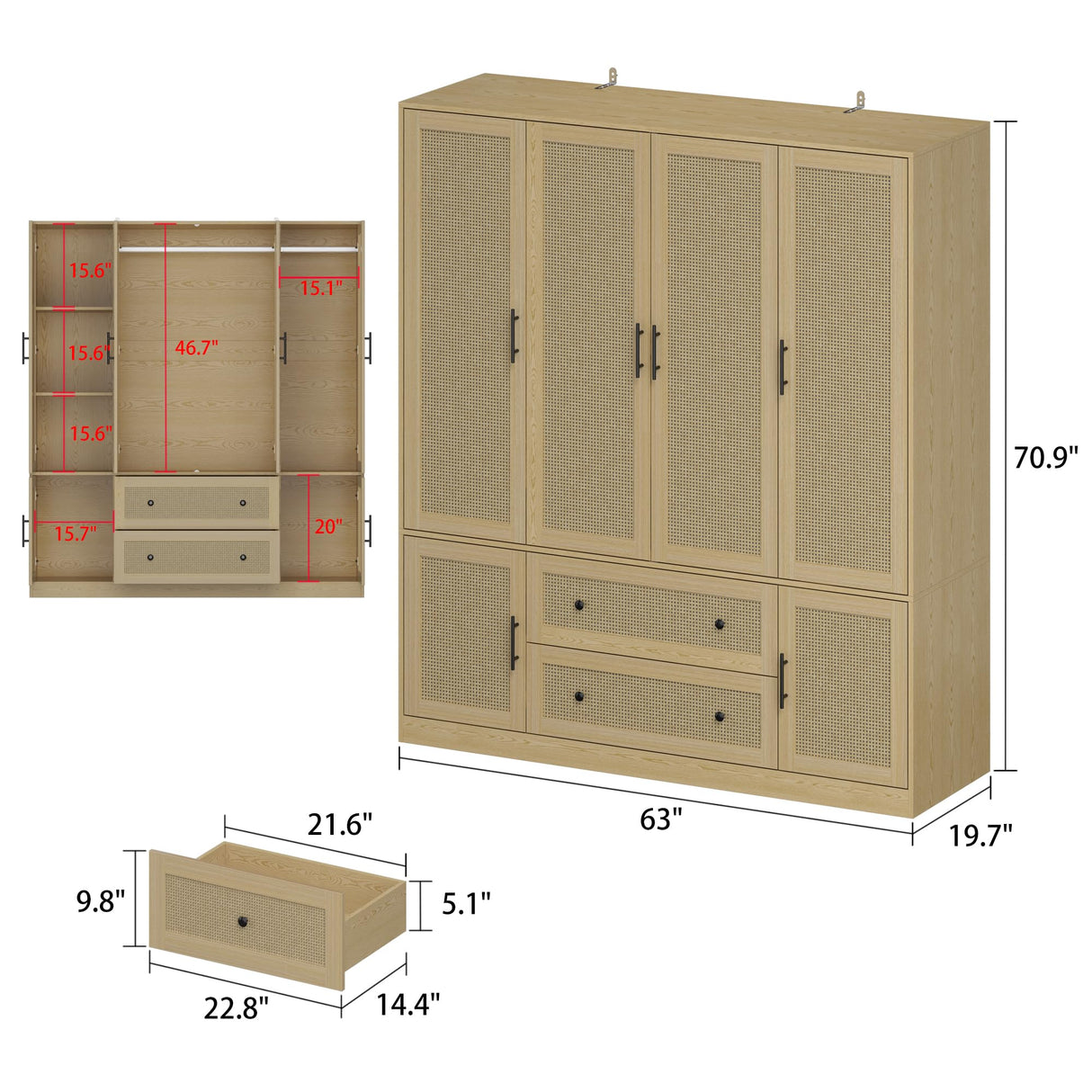 Homsee 6-Door Wardrobe Armoire Closet, Large Bedroom Cabinet Armoire with Rattan Doors, 2 Drawers, Hanging Bars & 7 Shelves, Light Brown Homsee