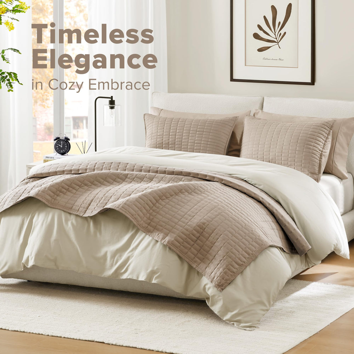 Comfort Spaces Kienna Quilt Set- Double Sided Stitching Design Summer Blanket, Lightweight, Soft, All Season Bedding Layer, Matching Sham, Taupe, Coverlet Full/Queen(90"x90") 3 Piece Comfort Spaces