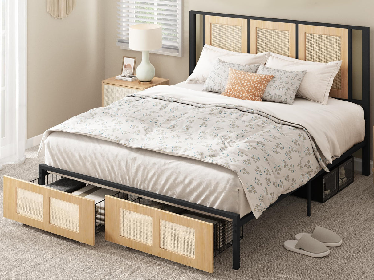 YITAHOME Natural Rattan Bed Frame Queen Size Headboard & Footboard with 2 Storage Drawers, Boho Cane Platform Bed with Strong Metal Slat, Noise Free, No Box Spring Needed YITAHOME