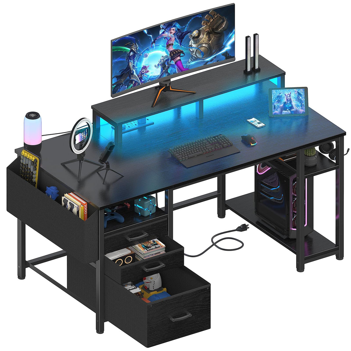 Lufeiya Gaming Desks with Led Lights and Power Outlets, 55 Inch Computer Desk with File Drawers Cabinet, Home Office Desk with Shelves Monitor Stand, Black Lufeiya