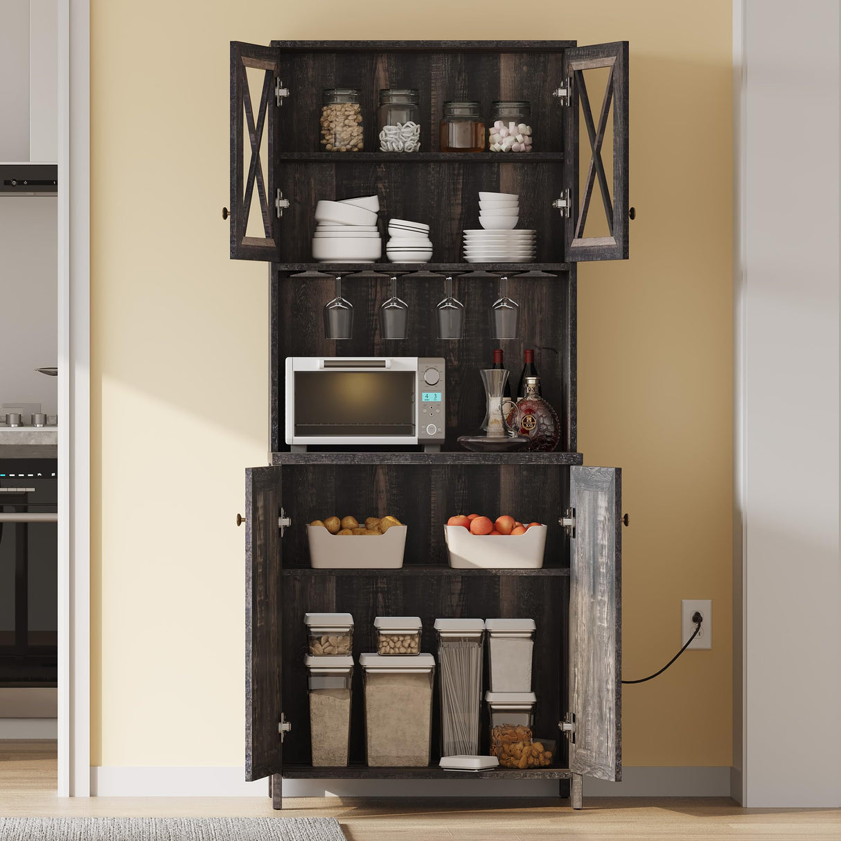 YITAHOME Kitchen Pantry Cabinet Storage with Microwave Stand, 67'' Tall Pantry Buffet Cabinet w/Acrylic Glass Doors and Glass Holder, Freestanding Hutch Cupboard for Home, Kitchen, Dark Rustic Oak YITAHOME