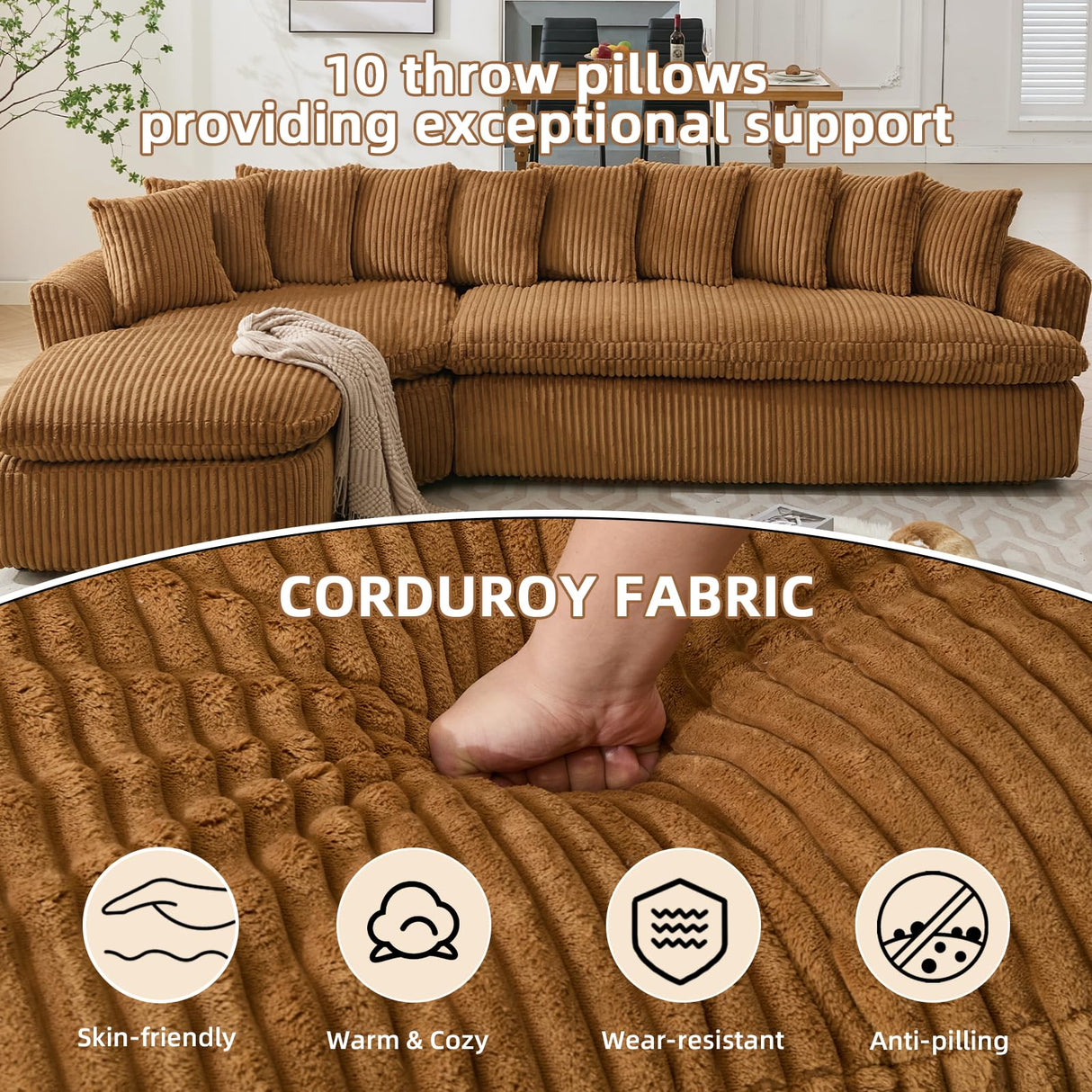 129'' Modern Sectional Sofa,4-5 Seater Upholstered Couches with 10 Cushions,High Density Sponges Cloud Couch, L-Shape Left Sofa,Corduroy Sponge Sofa for Living Room,No Assembly Required(Brown) Firscook