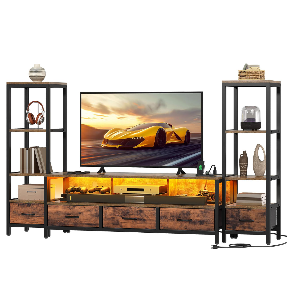 DWVO Entertainment Center with Bookshelves, LED TV Stand for 65/60 inch TV, Retro TV Stand for Living Room with 2 Industrial 4-Tier Bookshelves & Power Outlets,Rustic Brown DWVO
