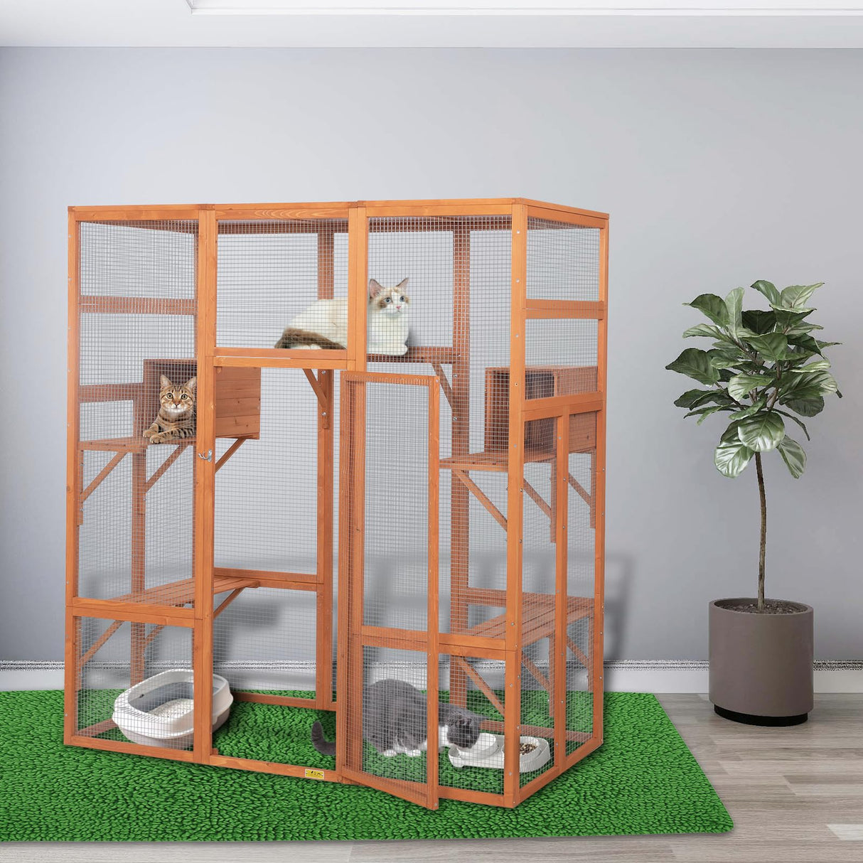 ISDAY Extra Large Outdoor Cat House Wooden Cat Cage Waterproof Roof Catio Outdoor Cat Enclosure - Cat Play & Run Enclosures Cat Playpen Window Cats Crate with 7 Platform and 2 Resting Box (Orange) WoodArtSupply