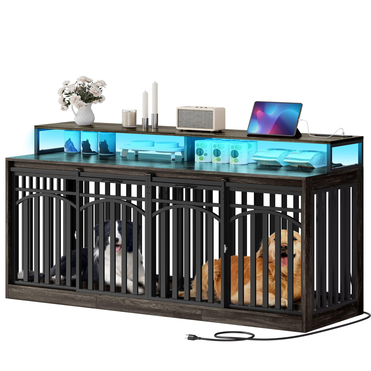 DWVO 71" Double Dog Crate Furniture with LED Light & Power Outlets, Heavy Duty Dual Dog Kennel TV Stand w Storage Shelves Sliding Doors, Wooden Two Dog Cage Table 2 Medium Large Dogs, Black Oak DWVO