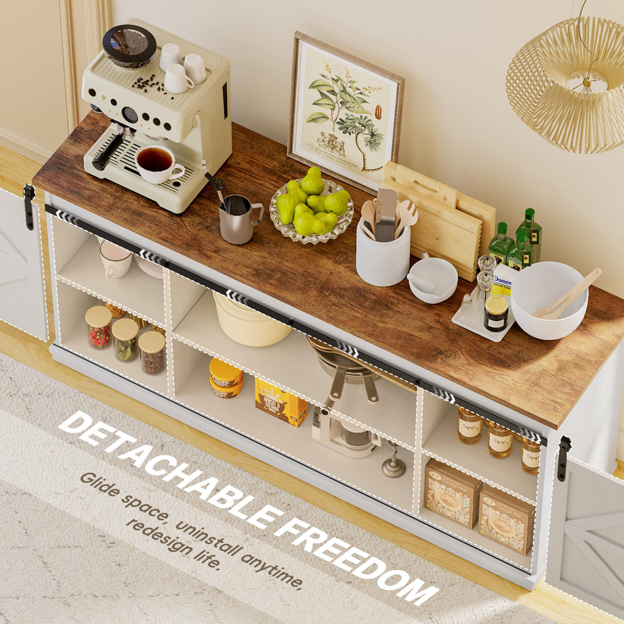 YESHOMY Storage Cabinet, Farmhouse Sideboard Buffet Coffee Bar with Sliding Barn Doors, Shelf for Home Dining Room, White YESHOMY