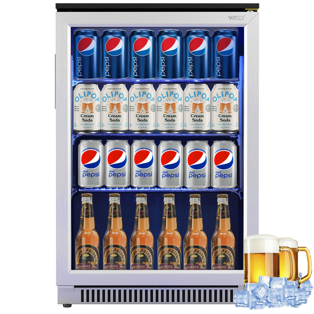 Weili 20 Inch Built in Beverage Fridge with Glass Door, 120 Can Under Counter Soda Beer Drink Refrigerator with Blue LED Light for Home Office or Bar, 36-50°F Auto Defrost Weili