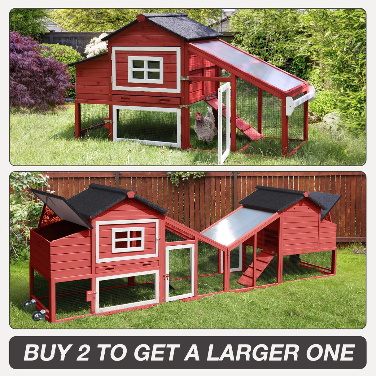 MEDEHOO Chicken Coop Expandable Chicken House for Outdoor with Wheels Nesting Box, Leakproof Pull-on Tray, and UV-Resistant Roof Panel - Red MEDEHOO