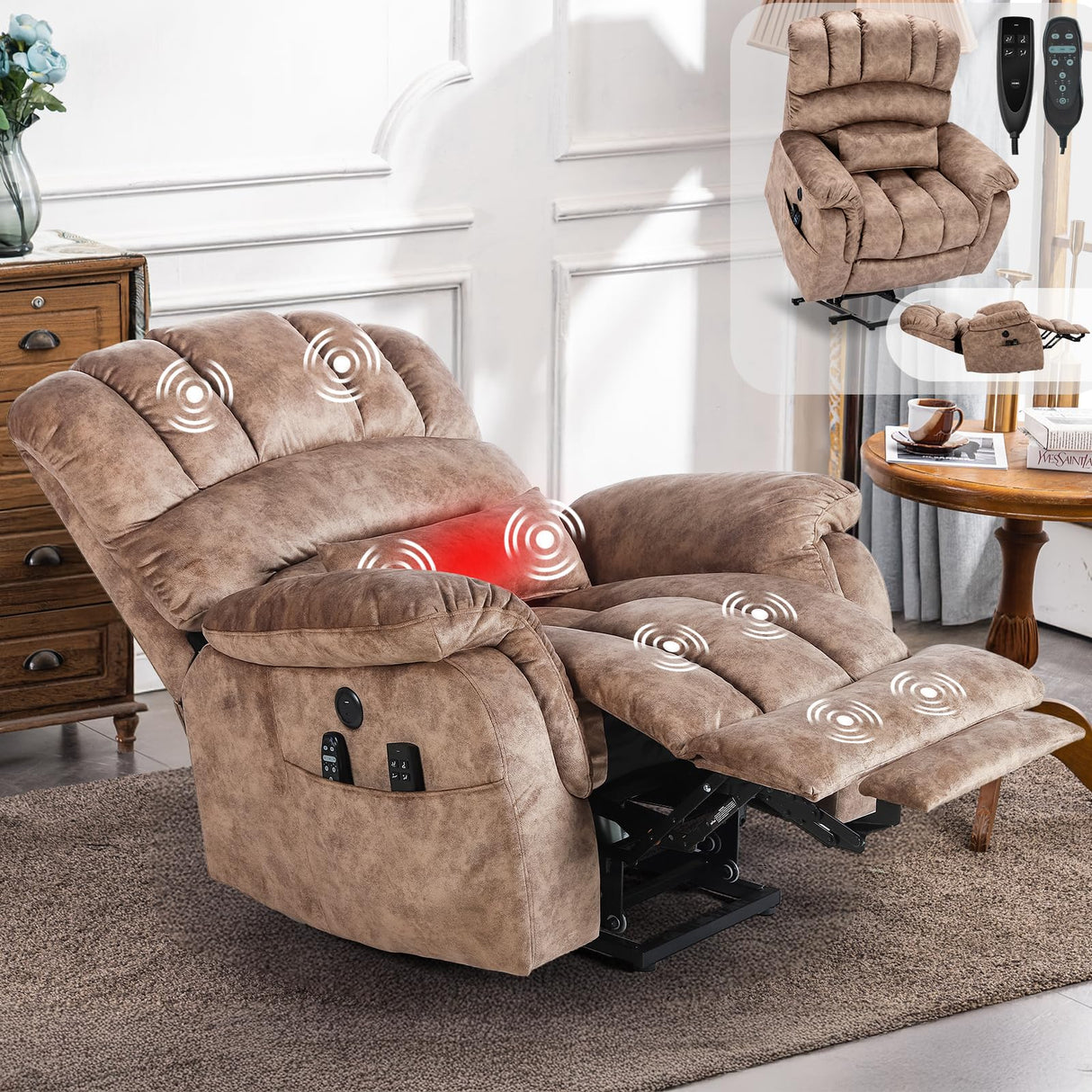 SOCIALCOMFY Large Tall Man Power Lift Recliner Chair with Massage & Heat, Dual Motor Lay Flat Electric Lift Sleeper Recliner w/Extended Footrest, Lumbar Pillow, USB & Type-C Ports, Pocket,Plush Brown SOCIALCOMFY