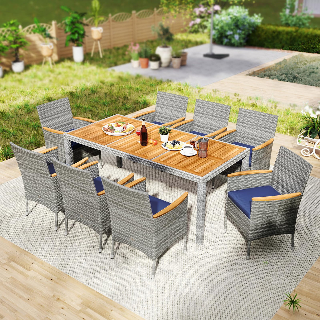 Tangkula 9 Pieces Patio PE Wicker Dining Set, Outdoor Acacia Wood Table and Chairs for 8 with Cushions and 2" Umbrella Hole, Outdoor Dining Furniture Set for Deck, Garden and Yard (Mix Grey+Navy) Tangkula