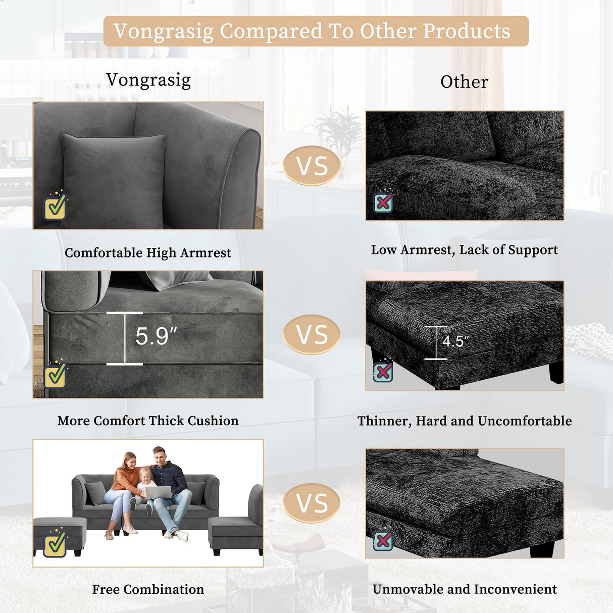 Vongrasig 5 Pieces Sectional Couch Modular Sofa with Reversible Chaise 116" Velvet L-Shaped Couch Sofa 4-seat Modular Large Sectional Couch with Ottoman for Living Room, Upholstered Cushion (Grey) Vongrasig