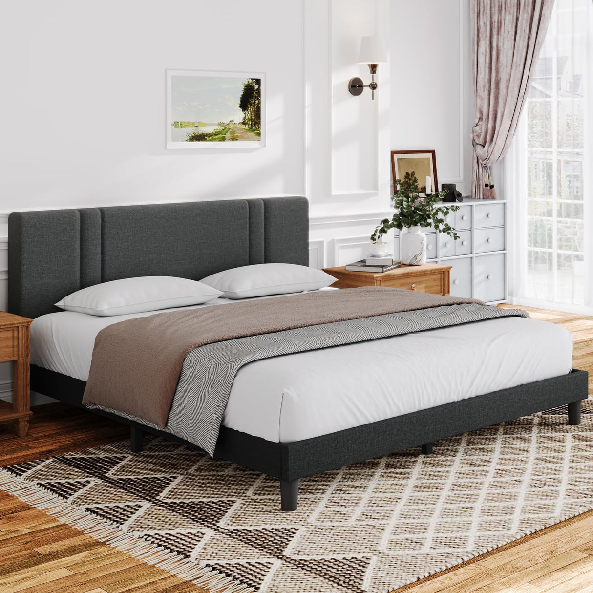 Novilla Adjustable Queen Bed Frame with Upholstered Headboard and Wood Slat Support - Dark Grey Novilla