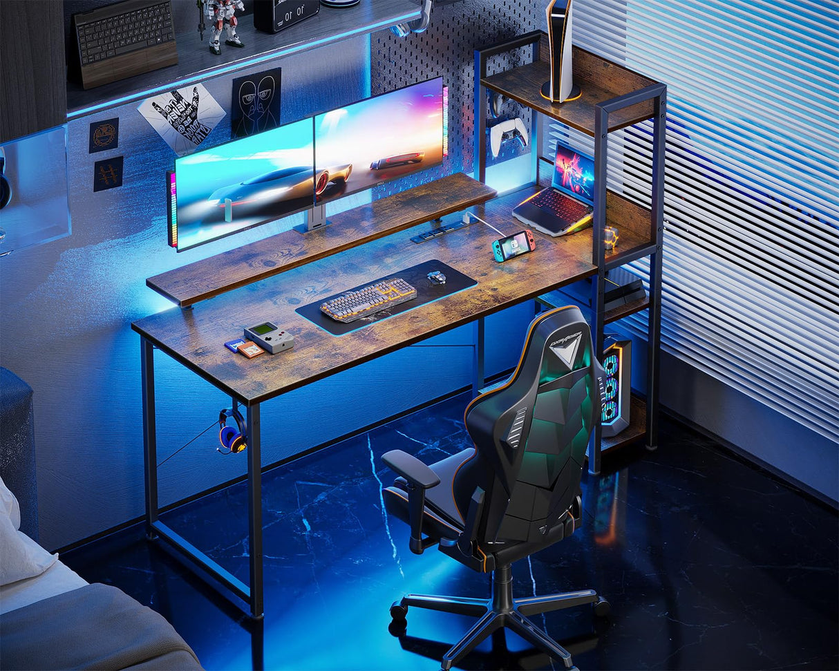 ODK 40-Inch Rustic Brown Small Computer Desk with Power Outlets, USB Charging Port, and Reversible Storage Shelves ODK