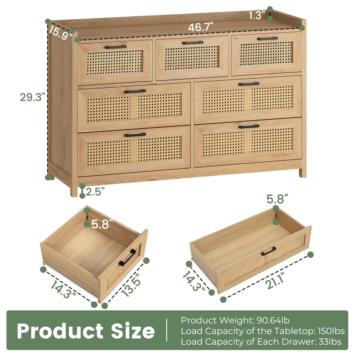 OTMCOOUCH Rattan Dresser for Bedroom with 7 Drawers, Natural Rattan Modern Wooden Wide Led Bedroom Dresser with Led Lights, Chest of Drawers for Bedroom, Living Room (7 Drawers) OTMCOOUCH