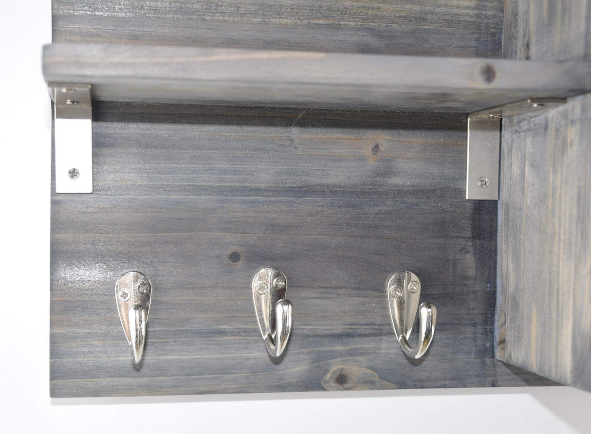 Spiretro Wall-Mounted Key Holder Hooks - Rustic Wood Weathered Grey & Black - Entryway Organizer for Mail, Leashes, and Purses - Floating Shelf, 16.5” W x 9.75" H x 4.5” D Spiretro