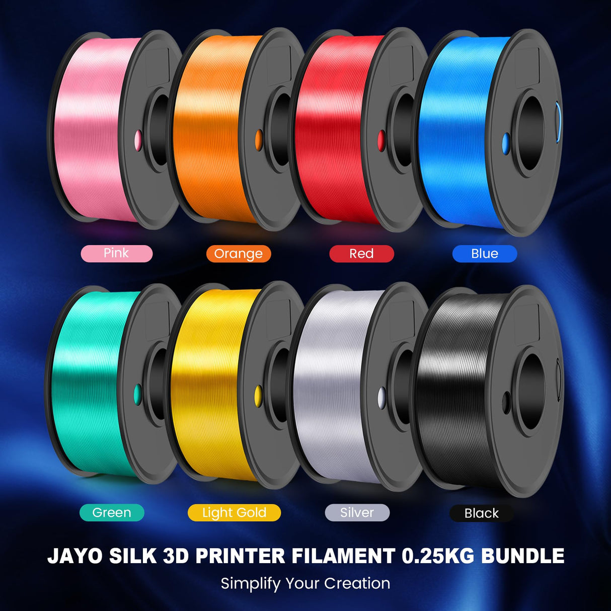 JAYO Silk PLA Filament Bundle 1.75mm, Silk 3D Printer Filament Bundle Multicolor, Individually Vacuum Packed, 8 Pack, Shiny Silk 2KG in Total, Light Gold+Silver+Black+Blue+Red+Green+Orange+Pink JAYO