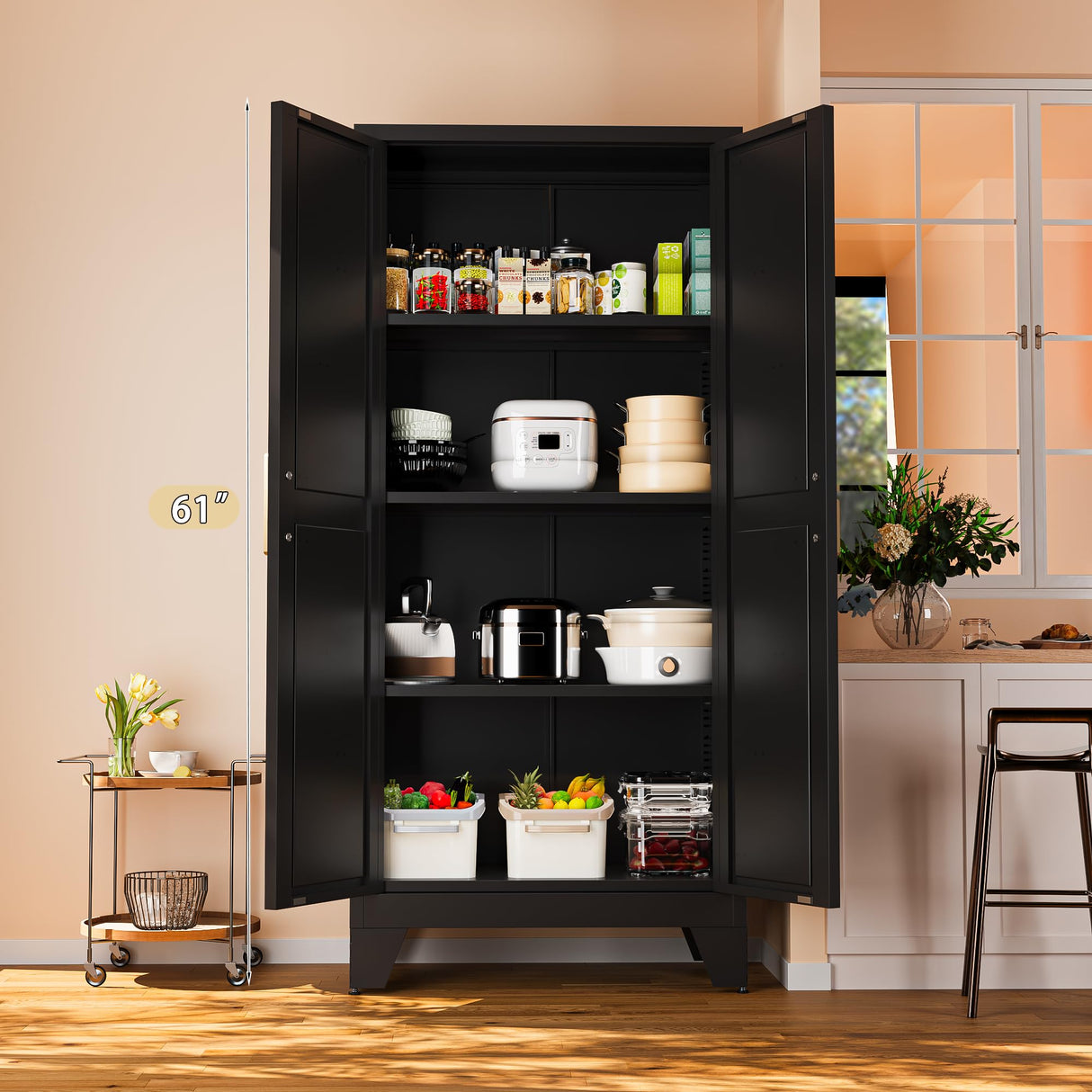 61" Tall Farmhouse Metal Pantry Cabinet, Kitchen Pantry Storage Cabinets with 2 Barn Door and Adjustable Shelves,Metal Pantry Storage Cabinet,for Kitchen,Laundry Room,Home Office,Kids Room (Black) Washsemba