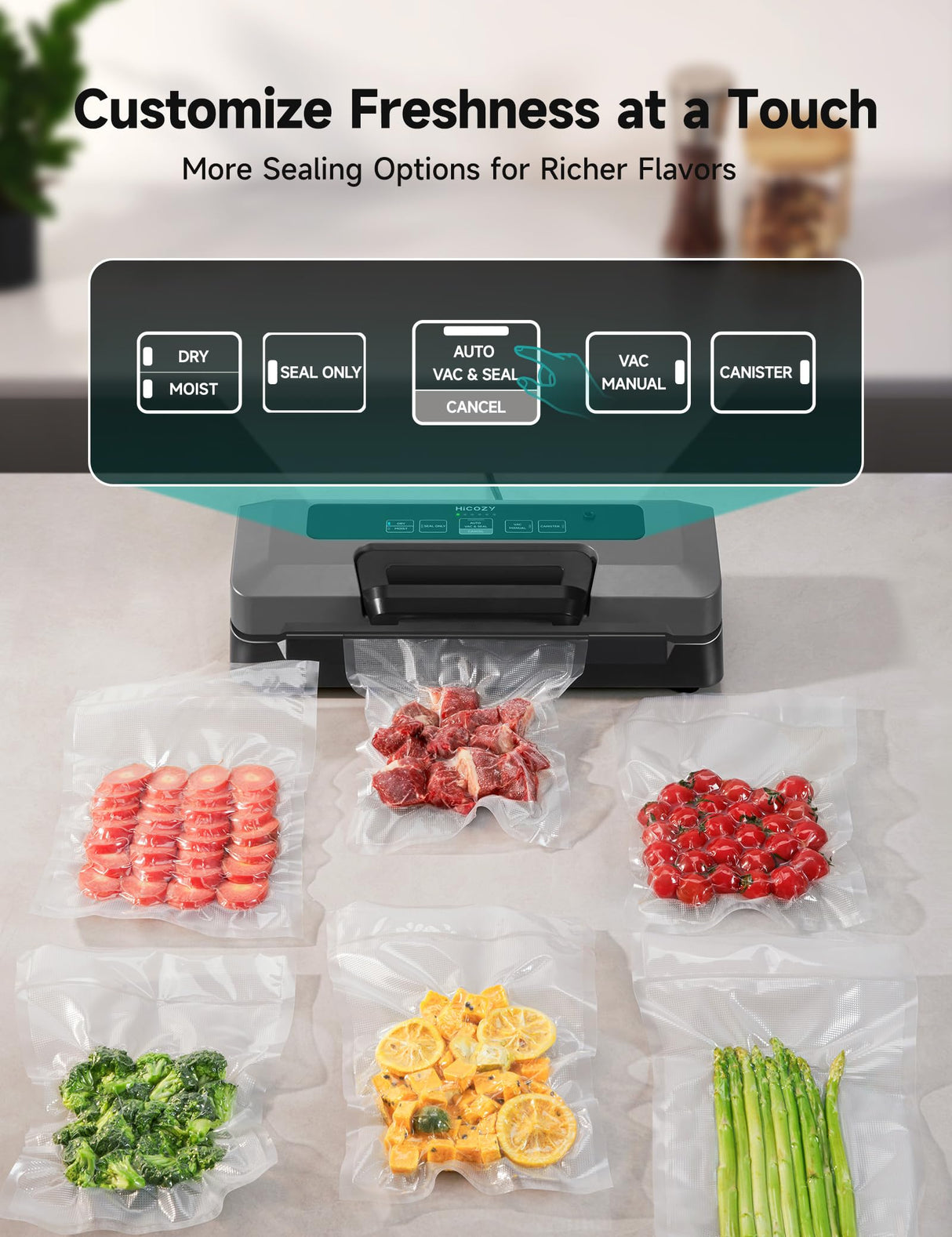 HiCOZY Vacuum Sealer, Vacuum Sealer Machine for Food, Food Sealer, 85Kpa(25.1 Hg) Full Automatic Handle Locked Design, Build-in Cutter, Compact Design With All Starter Kits, 5-Year Quality Commitment Hicozy