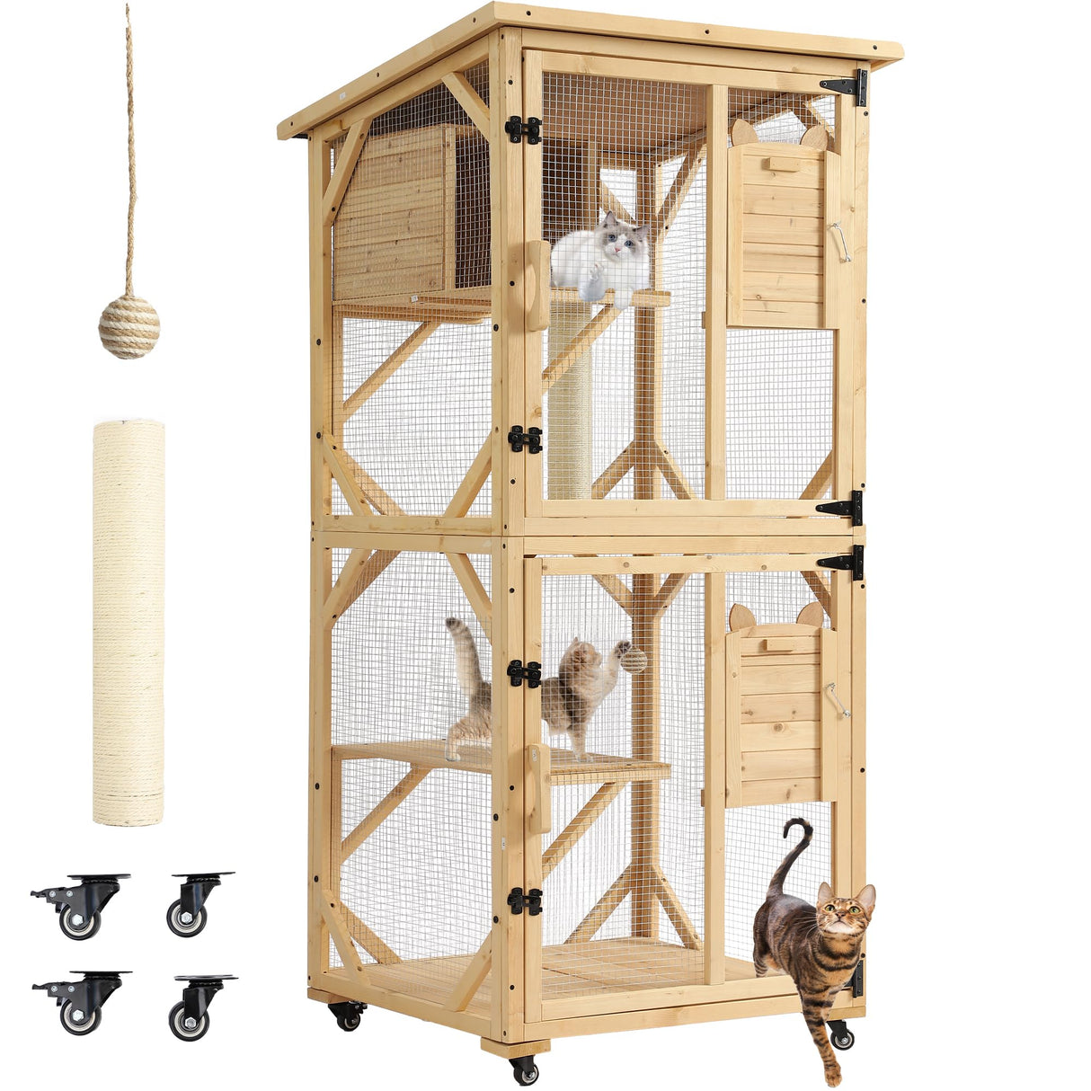 Dephet Catio Outdoor Cat Enclosure with Scratcher - 4-Tier Large Indoor Wooden Window Catio Cats House W/Asphalt Waterproof Roof, Wheels, Resting Box, Platforms, Kitten Toys Ball Dephet