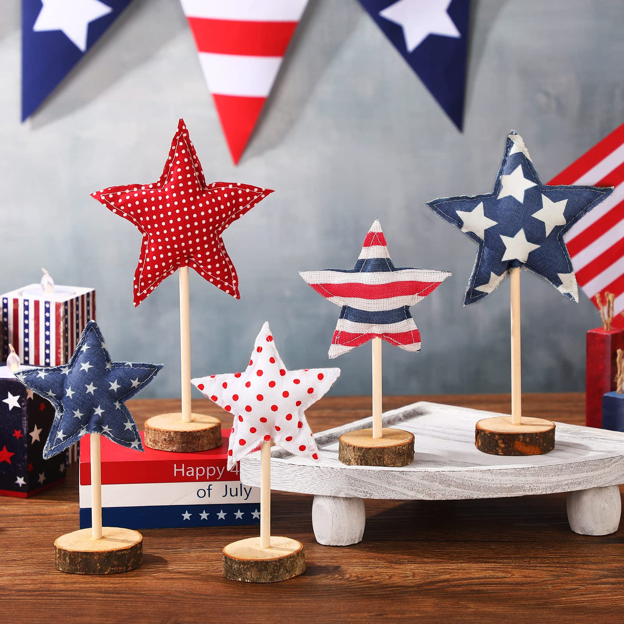 5 Pcs 4th of July Table Centerpiece Standing 3D Star Decor Wood Patriotic Sign Block Fabric Ornaments Rustic Fourth of July Independence Day Crafts for American Festival Party Home Decoration Sintuff