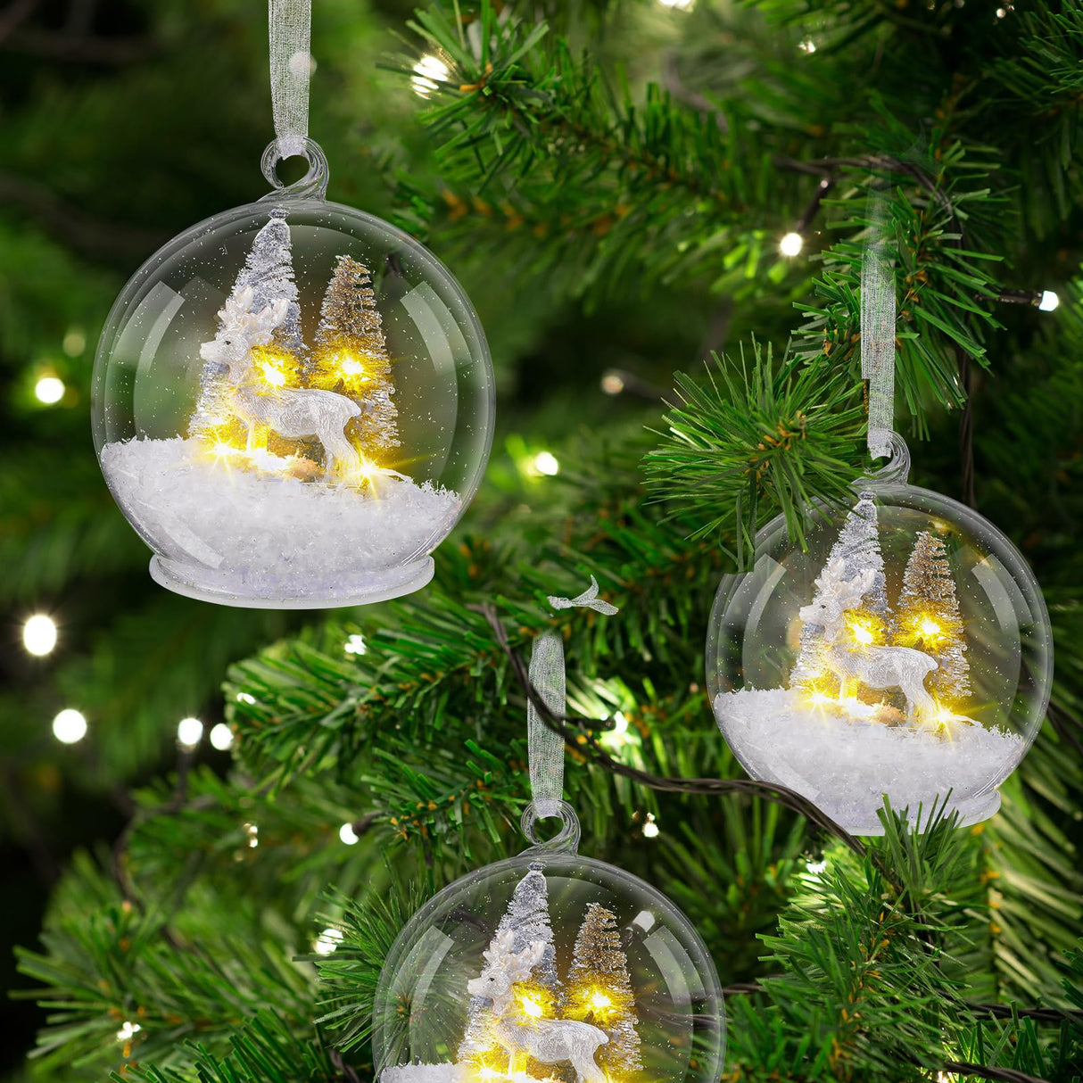 Syhood 4 Christmas Elk Crystal Ball Light up Reindeer Tree Ornaments 4 Inch LED Hanging Ball Lamp for Christmas Tree Memorial Gift LED Light Xmas Holiday Decorations Syhood