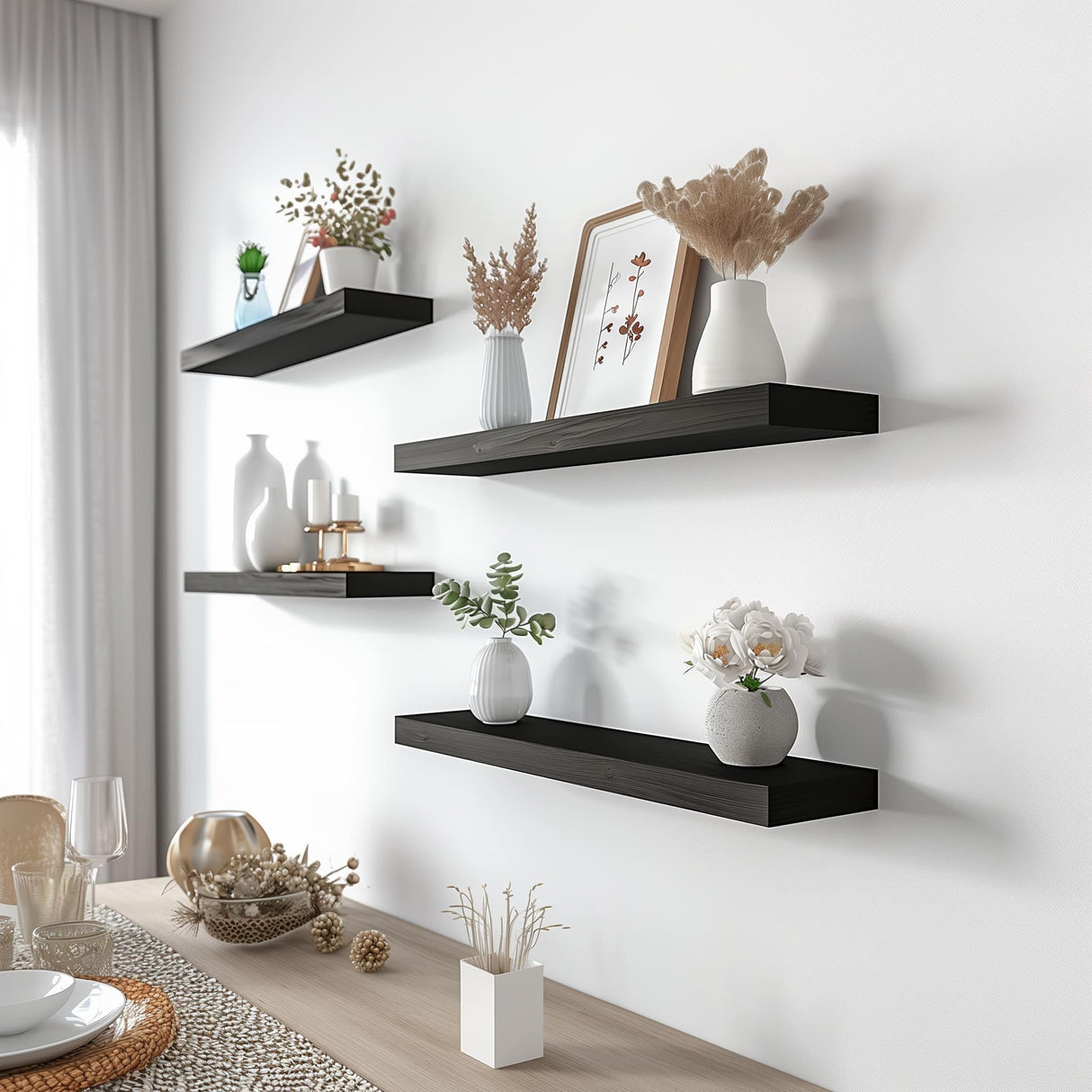 YFYEO Black Wood Floating Shelves for Wall Rustic Wall Shelf for Bedroom Living Room Set of 4 YFYEO