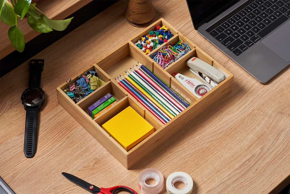 Umilife Desk Drawer Organizer, Bamboo Wood Organizer Tray with Adjustable Compartments, Office Desk Accessories Supplies Organization Storage, 12" x 9" Umilife