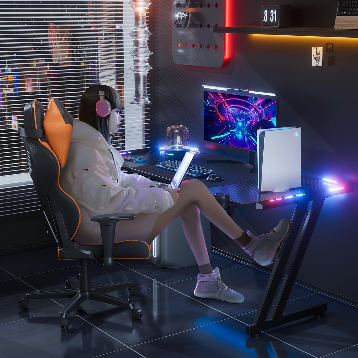 HLDIRECT 63 Inch Gaming Desk with LED Lights Carbon Fibre Surface Gaming Table Large Computer Desk Ergonomic Home Office Desks Z Shaped PC Gamer Workstations with Cup Holder & Headphone Hook Black HLDIRECT