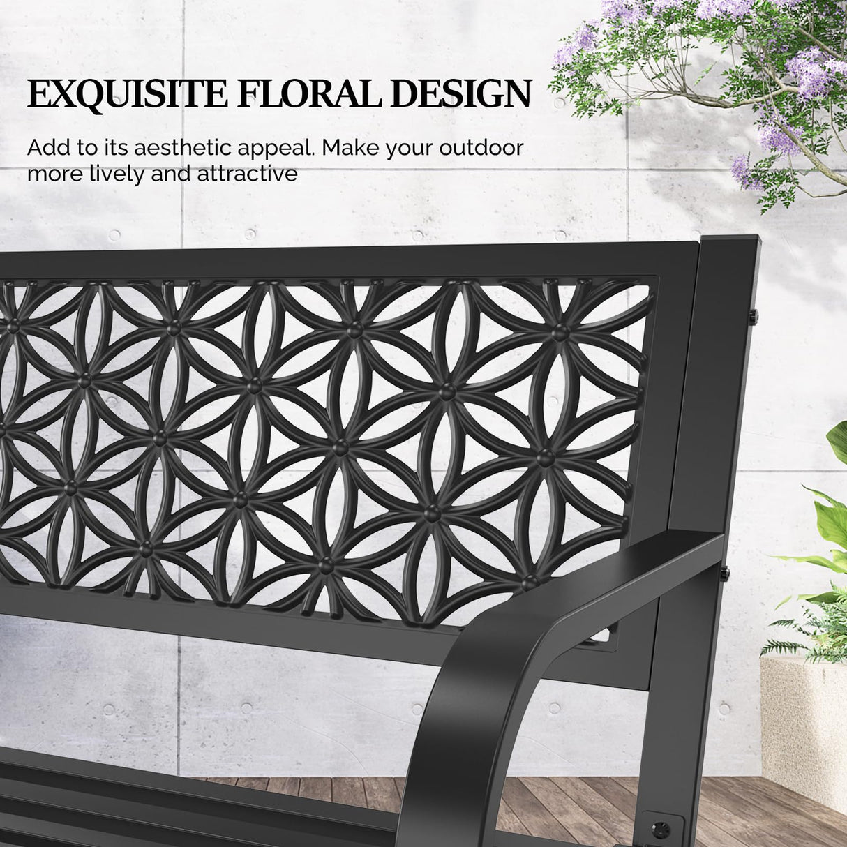 VINGLI 50" Outdoor Bench Metal with Floral Back, Garden Bench Front Porch Benches for Yard Patio Entryway Park Outside, 800lb Capacity - Black VINGLI