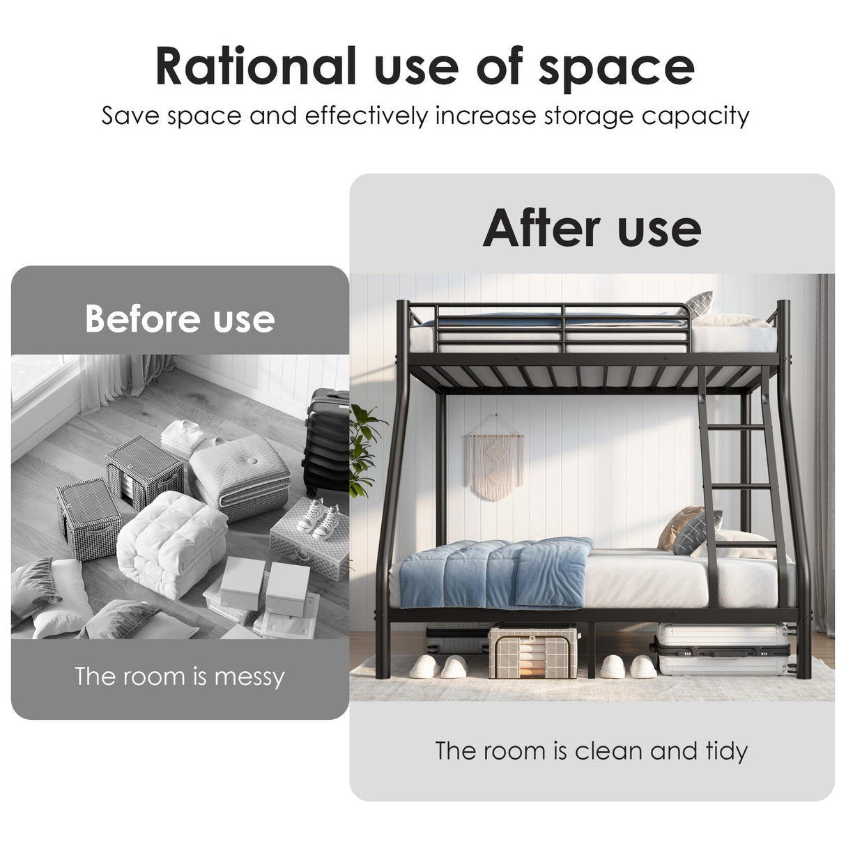 Twin Over Full Bunk Bed, Metal Bunk Beds Twin Over Full Size with Safety Ladder & Guardrail, Heavy Duty Bunkbed Frame for Adults Teens Dorm Bedroom Guest Room Apartment, Space-Saving (Black, Full) TBCOPTO