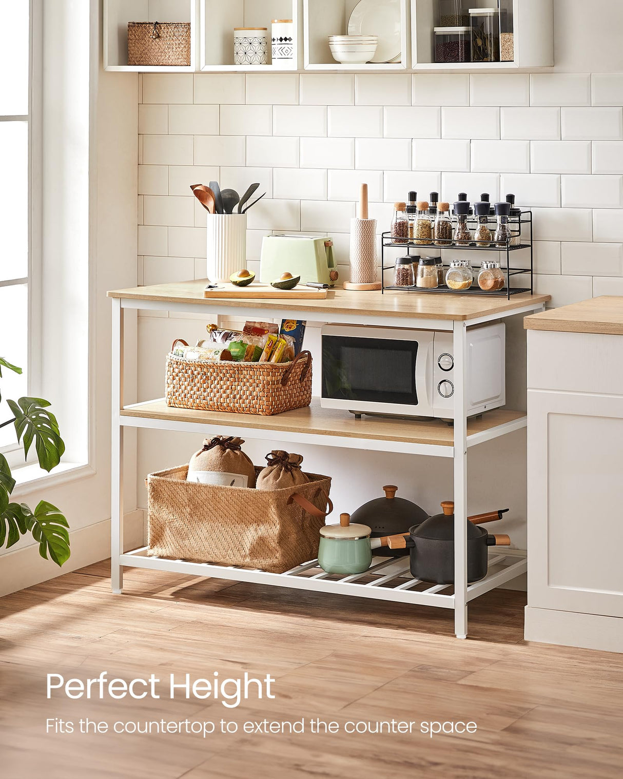 VASAGLE Kitchen Island with 3 Shelves, 47.2 Inches Width Kitchen Shelf with Large Worktop, Stable Steel Structure, Industrial, Easy to Assemble, Oak Color and White UKKI001W09 VASAGLE