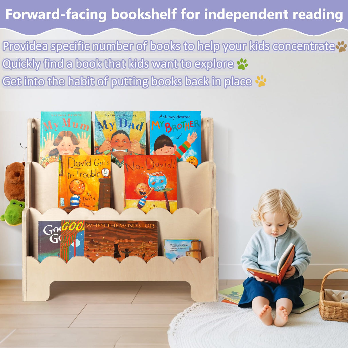Tohiasen Kids Bookshelf Wooden 3-Tier, Scalloped Book Shelf for Kids Rooms, Front Facing Toddler Montessori Bookshelf, Baby Nursery Book Shelves Kids Classroom Bookshelf Bookcase Tohiasen