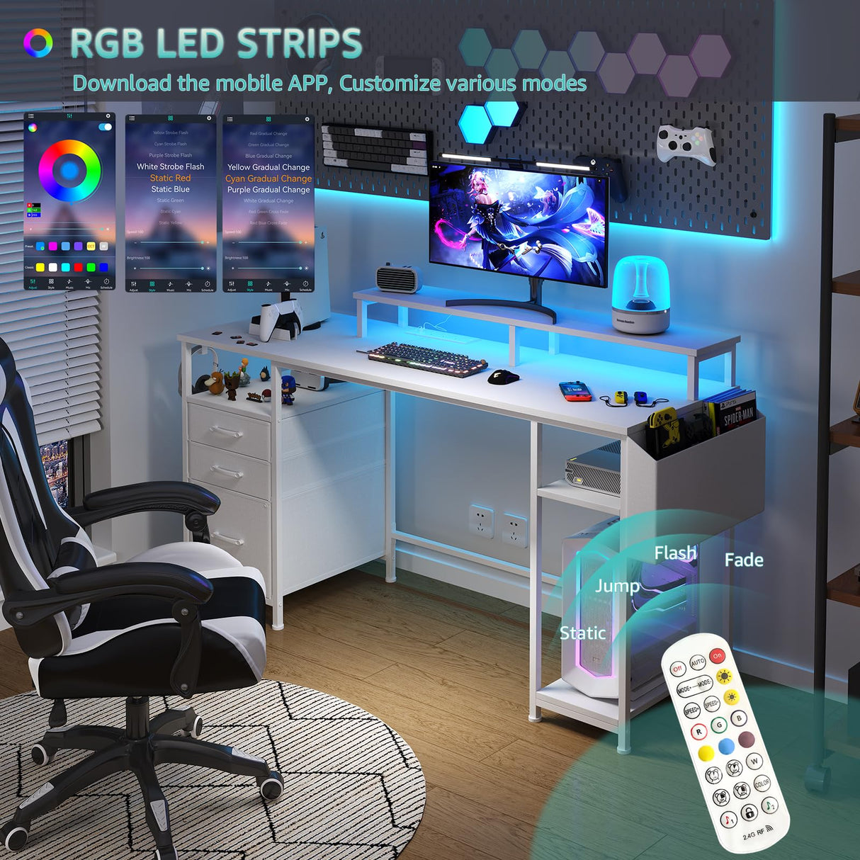 Lufeiya White Computer Desk with File Drawers Cabinet, 55 Inch Home Office Desk with Monitor Stand Shelves, Writing Study Gaming Desks with Led Light Power Outlets for Bedroom, White Lufeiya