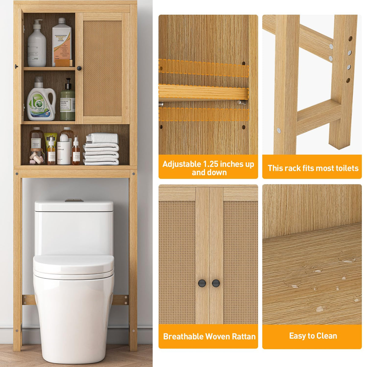 Rattan Over The Toilet Storage Cabinet – Chic Bathroom Organiser with Adjustable Shelf and Space-Saving Design knoworld